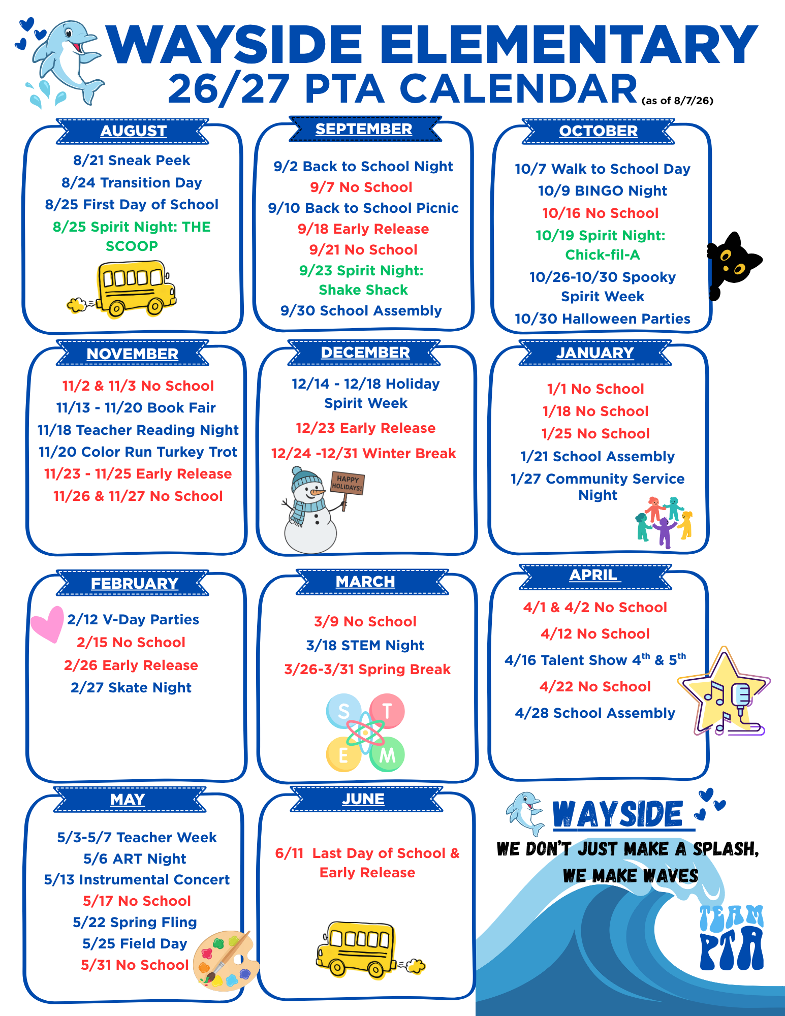 Wayside PTA Year at a Glance — 2026–2027 school year