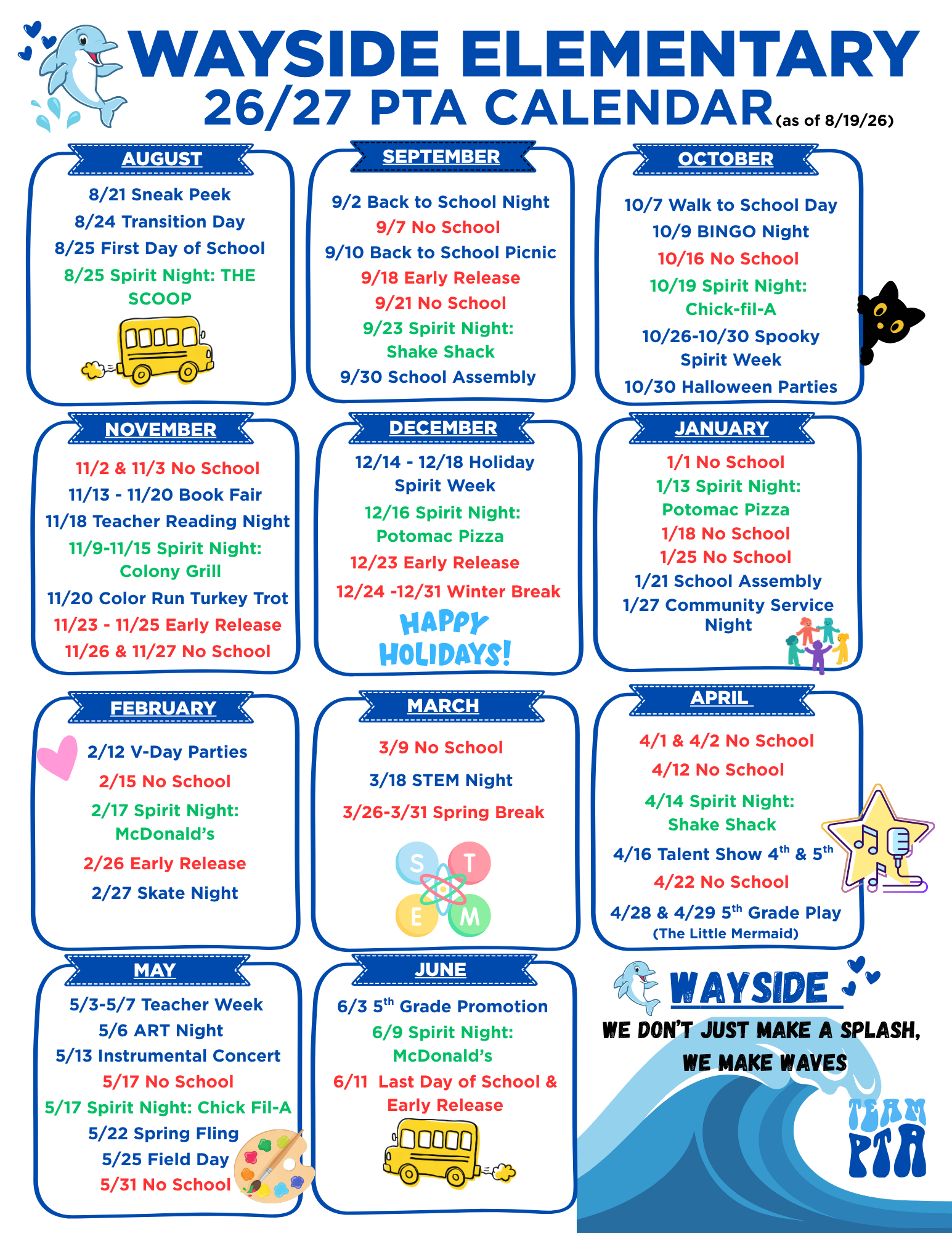 Wayside PTA Year at a Glance — 2026–2027 school year